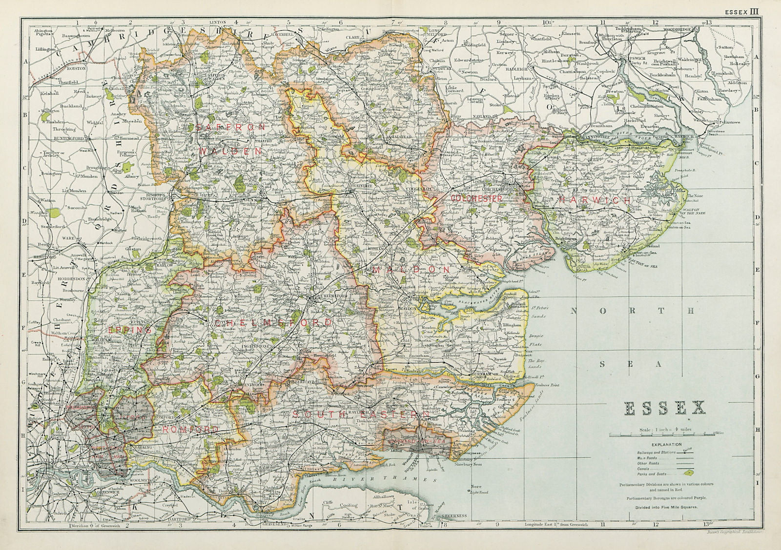 ESSEX. Showing Parliamentary divisions, boroughs & parks. BACON 1920 old map